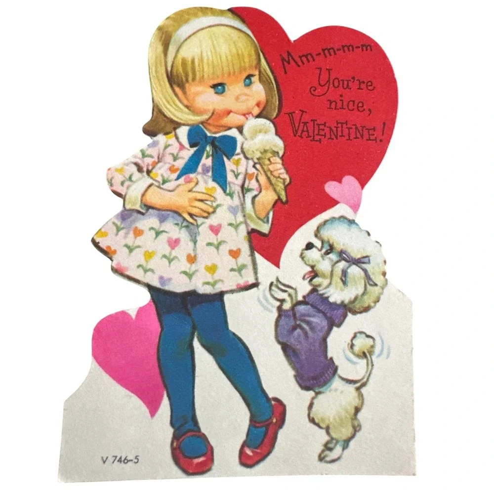 Vintage Valentine Card Die Cut‎ Girl Ice Cream Poodle Dog 1972 Ephemera V 746-5